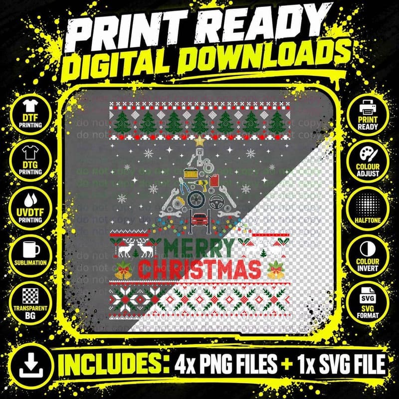 Mechanic Christmas Tree Ugly Sweater T-Shirt Png SVG Digital Bundle