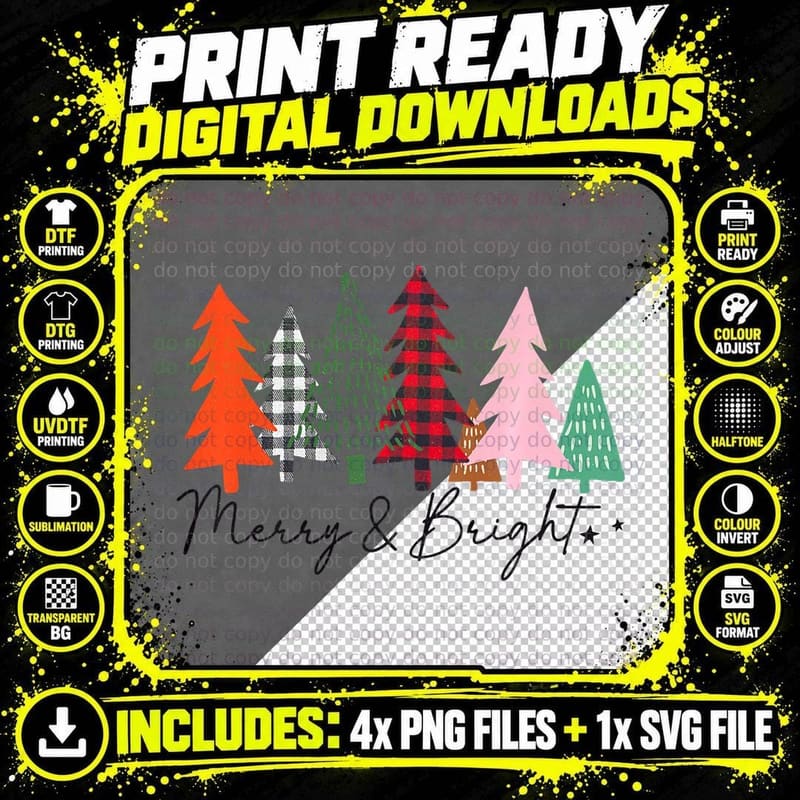 Merry & Bright Vintage Retro Buffalo Plaid Christmas Png SVG Digital Bundle