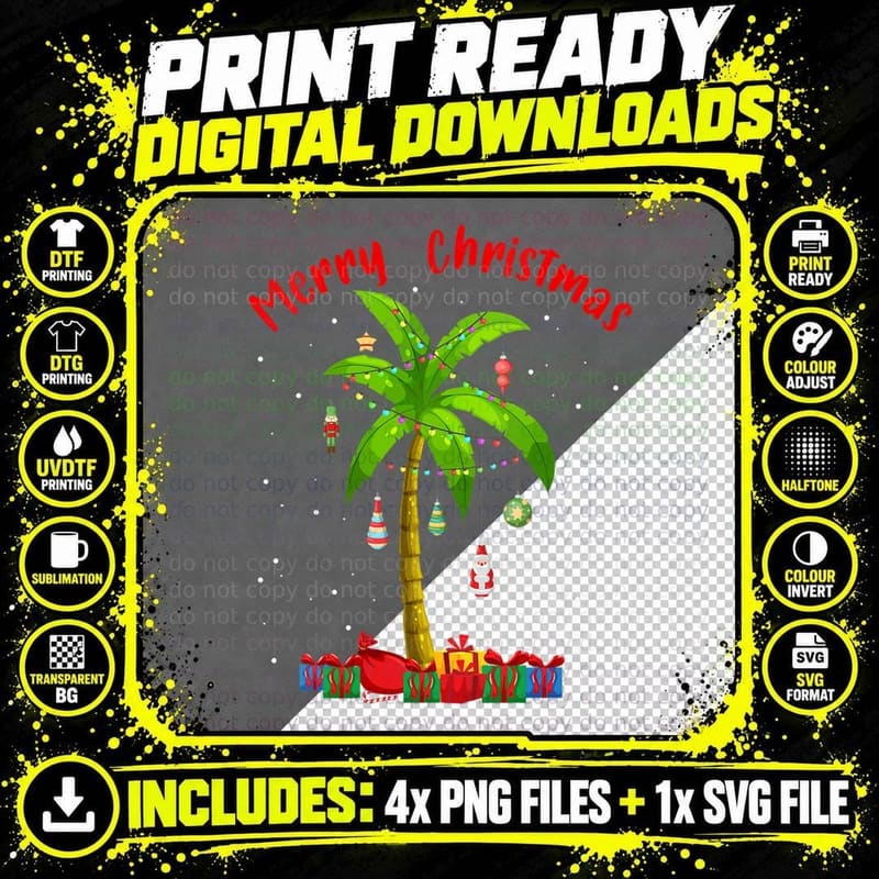 Merry Christmas Palm Tree Funny Xmas Lights Hawaii Png SVG Digital Bundle