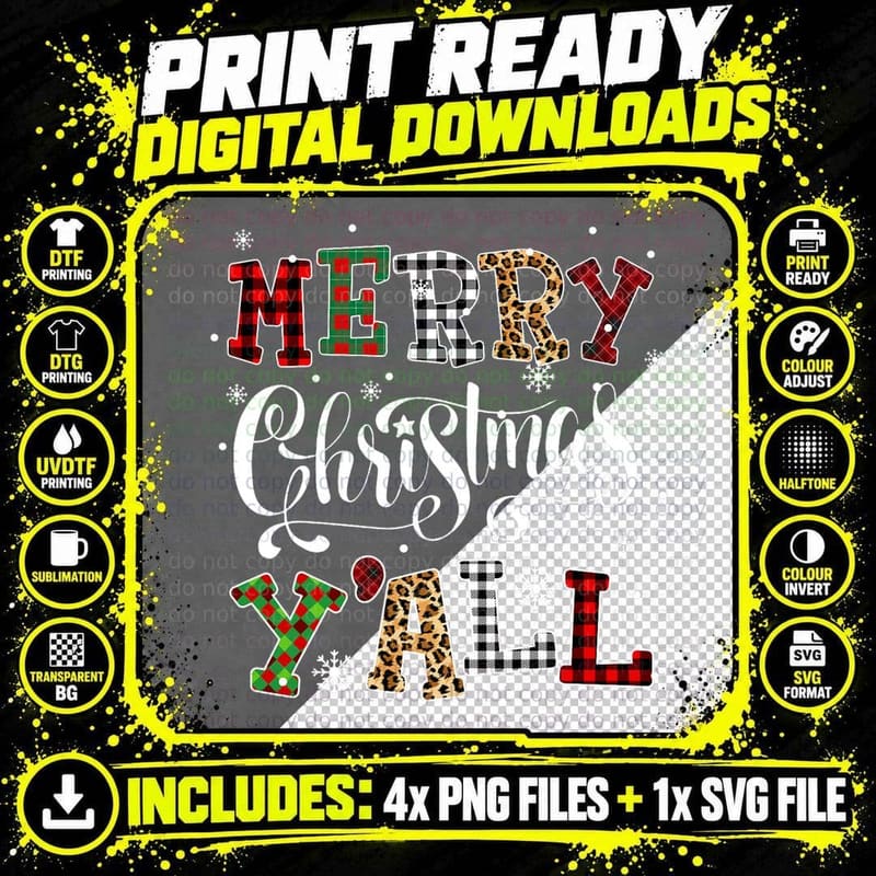 Merry Christmas Ya'll Leopard Buffalo Plaid Pajama Png SVG Digital Bundle
