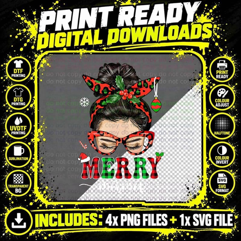 Merry Mama Messy Bun Christmas Mama Claus Buffalo Plaid Png SVG Digital Bundle