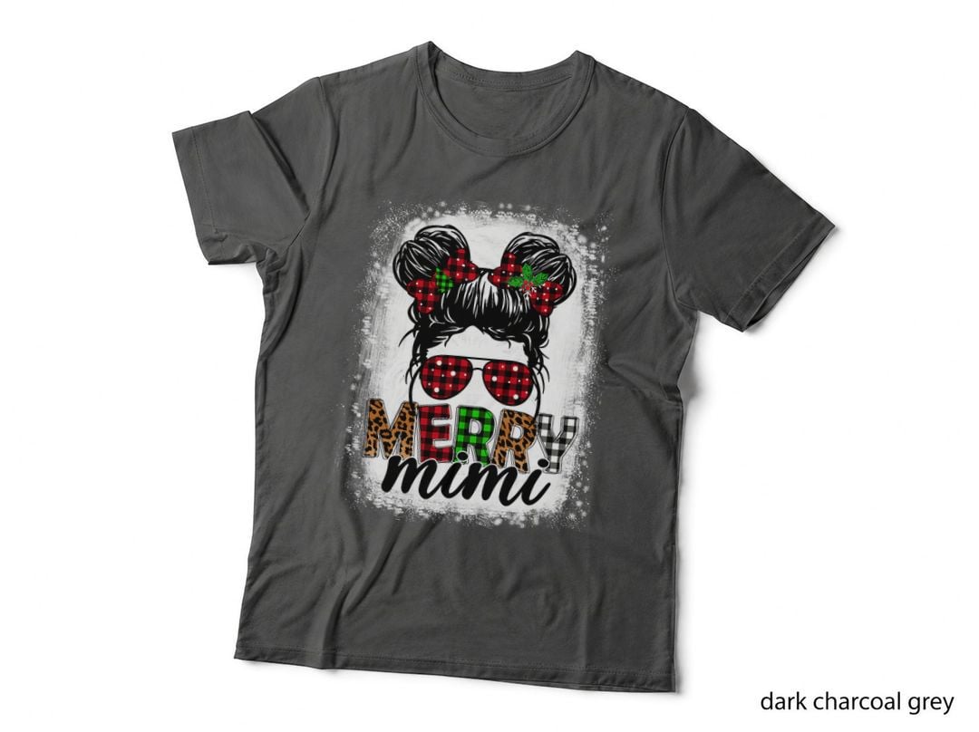 Merry Mini Xmas Buffalo Plaid Leopard Messy Bun Bleached T-Shirt
