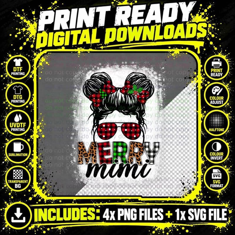 Merry Mini Xmas Buffalo Plaid Leopard Messy Bun Bleached Png SVG Digital Bundle