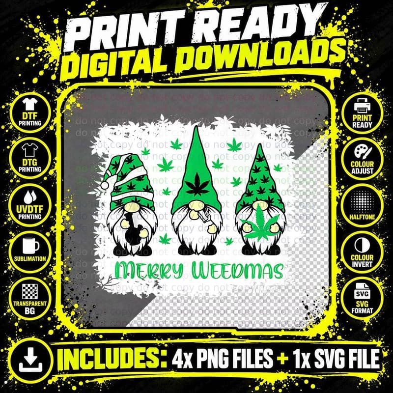 Merry Weedmas Gnomes Stoner Christmas Cannabis Marijuana Png SVG Digital Bundle