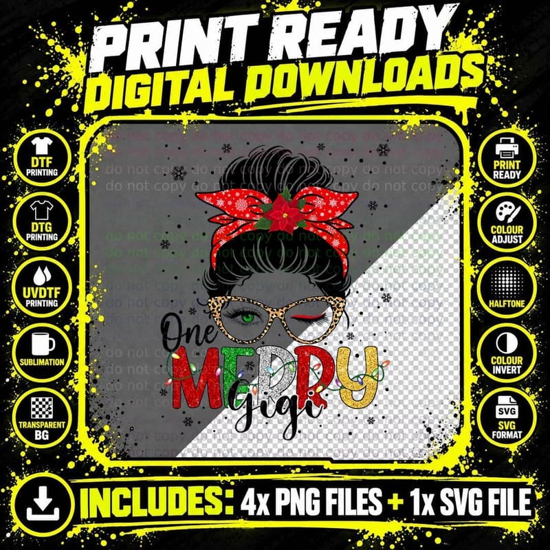 One Merry Gigi Messy Bun Funny Gigi Buffalo Plaid Png SVG Digital Bundle