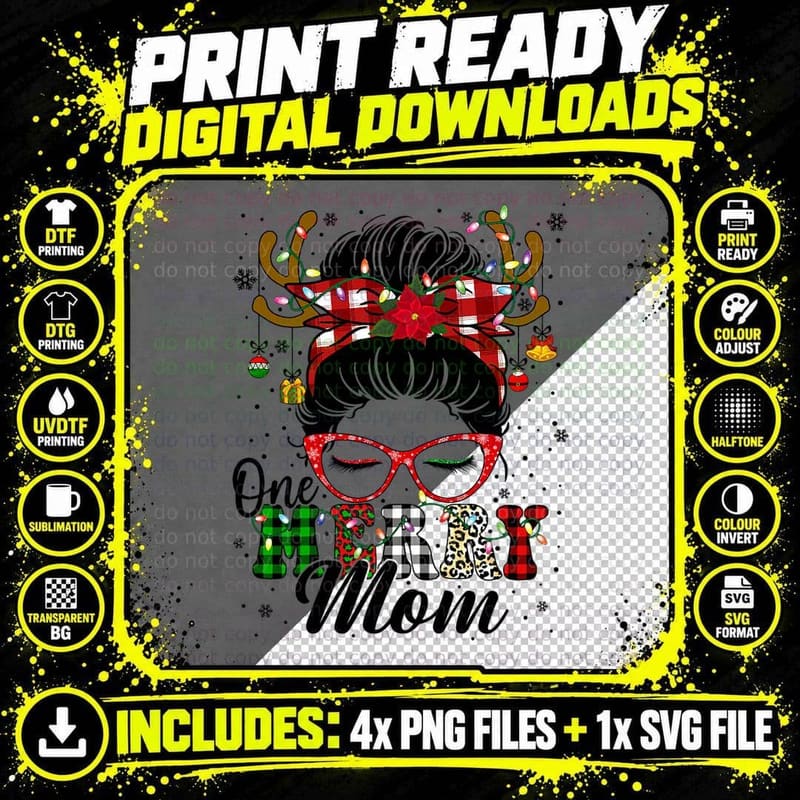 One Merry Mom Messy Bun Christmas Family Funny Xmas Png SVG Digital Bundle