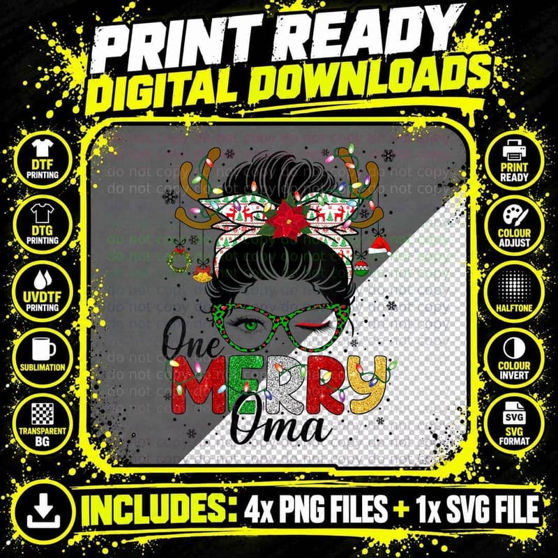 One Merry Oma Leopard Messy Bun Buffalo Plaid Christmas Png SVG Digital Bundle