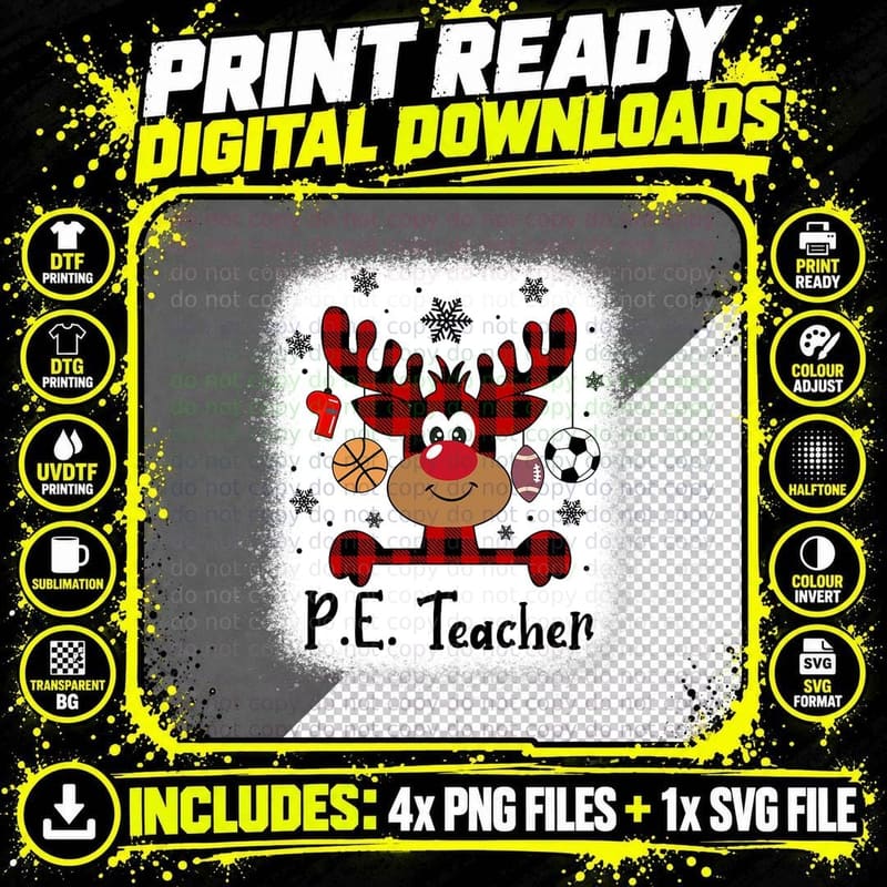 Pbe7 PE Teacher Reindeer Christmas Merry Xmas PE Teacher Png SVG Digital Bundle