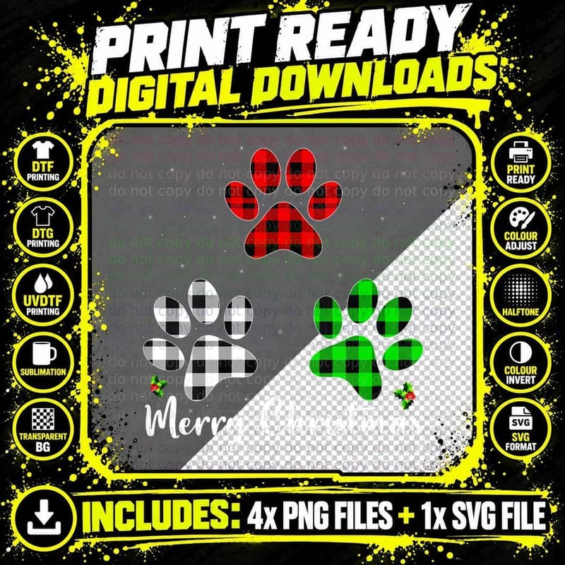 Puppy Dog Lover Buffalo Plaid Paw Print Merry Christmas Png SVG Digital Bundle