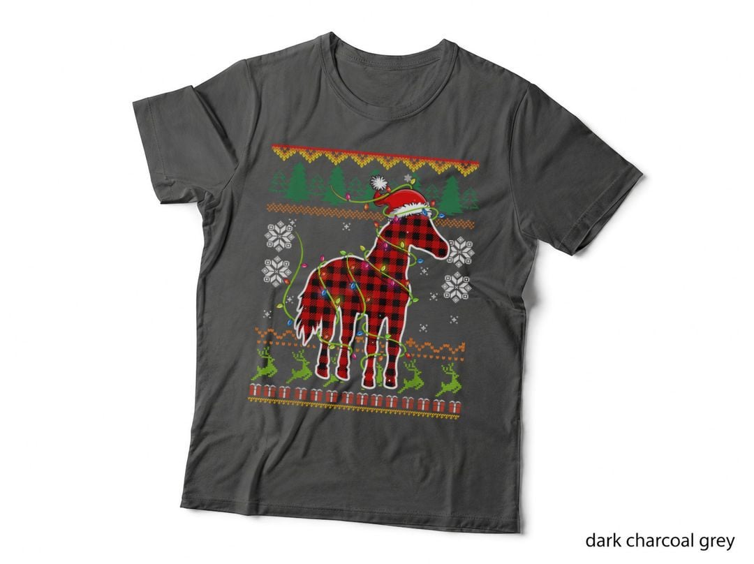 Red Plaid Horse Santa Hat Ugly Christmas Sweater Pajamas T-Shirt