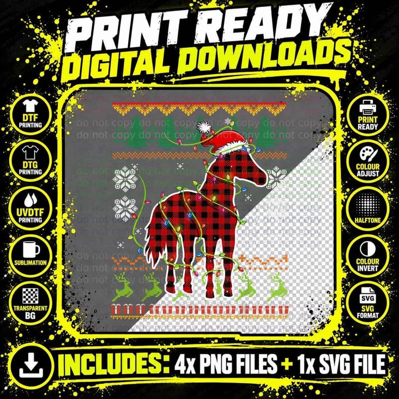Red Plaid Horse Santa Hat Ugly Christmas Sweater Pajamas Png SVG Digital Bundle