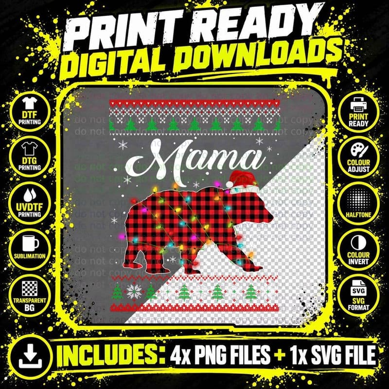 Red Plaid Mama Bear Santa Xmas Ugly Christmas Sweater Png SVG Digital Bundle