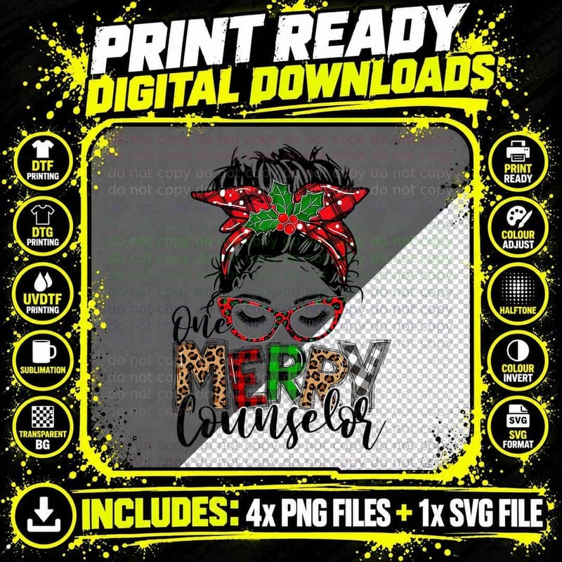 Red Plaid One Merry Counselor Messy Bun Christmas Png SVG Digital Bundle