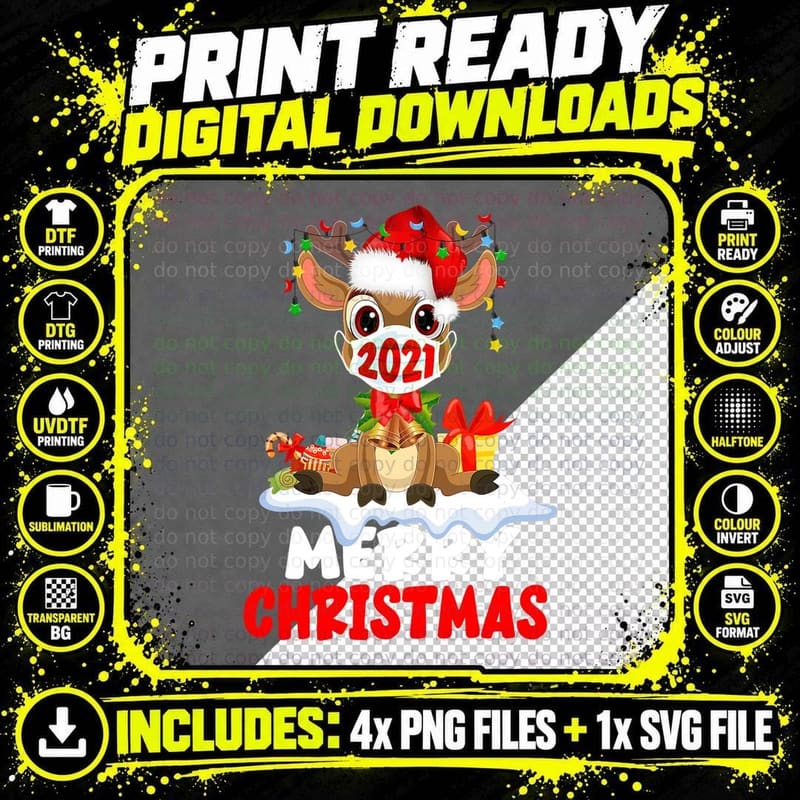 Reindeer in Mask 2021 Merry Christmas Masked Deer Santa Png SVG Digital Bundle