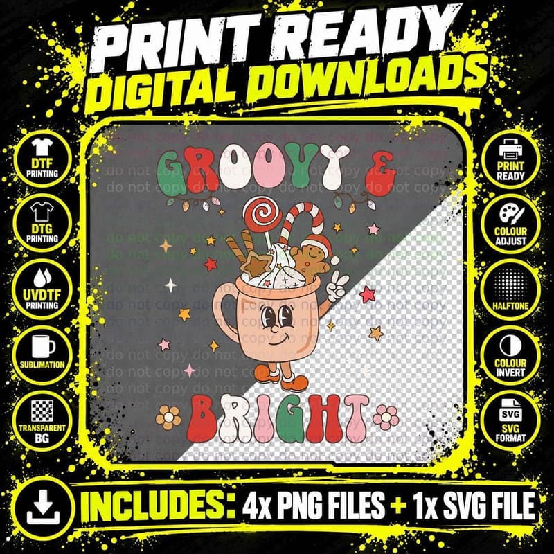 Retro Christmas Groovy & Bright Hot Cocoa Hot Chocolate Png SVG Digital Bundle