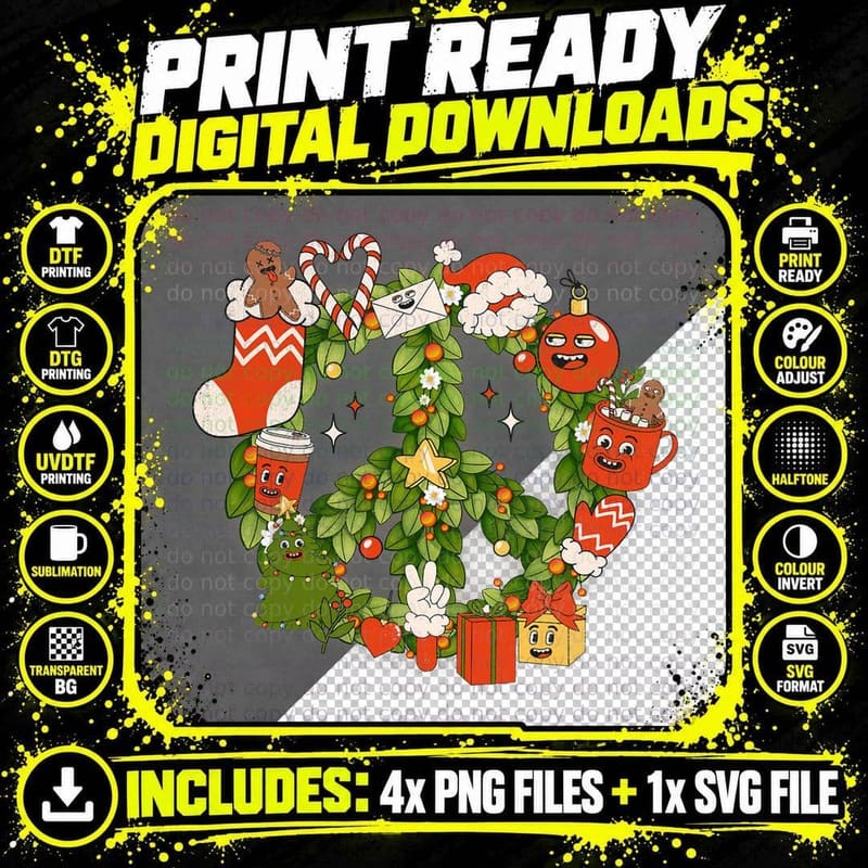 Retro Christmas Wreath, Xmas Tees, Festive Png SVG Digital Bundle