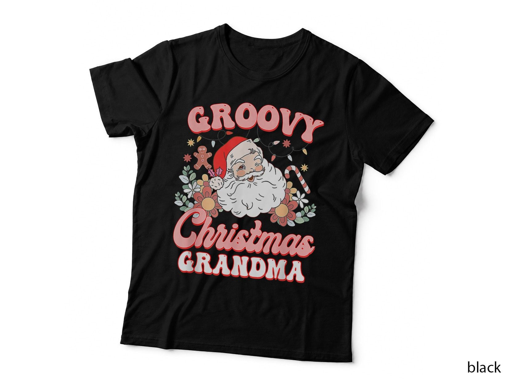 Retro Groovy Christmas Grandma Pink Santa Xmas Tree Flower T-Shirt