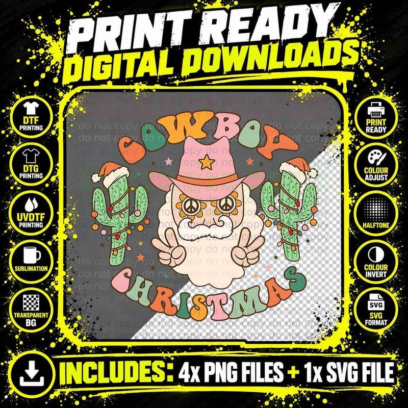 Retro Groovy Cowboy Christmas Cute Santa Claus Western Png SVG Digital Bundle
