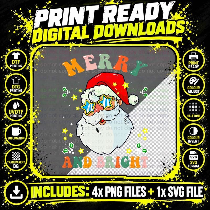 Retro Groovy Merry & Bright Christmas Cute Santa Claus Png SVG Digital Bundle