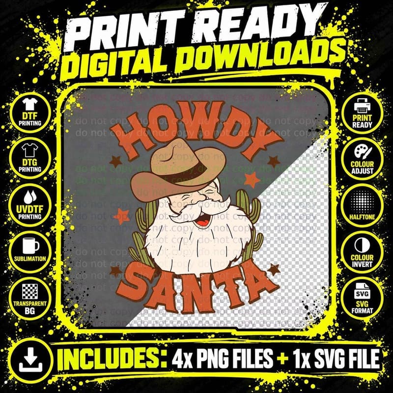 Retro Howdy Santa Christmas Rodeo Western Cowboy Cowgirl Png SVG Digital Bundle