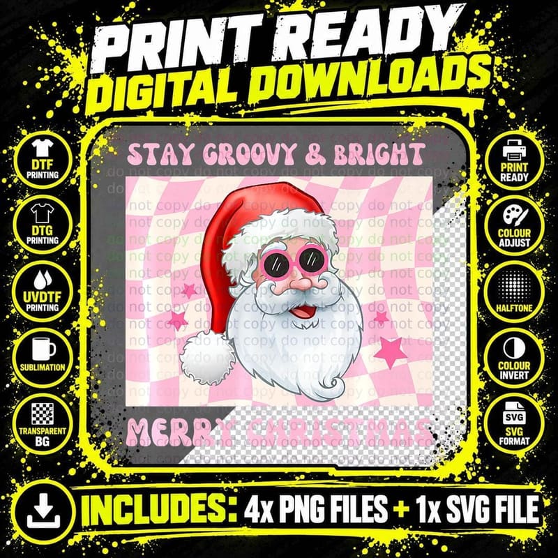 Retro Stay Groovy Bright Christmas Cute Santa Pink Png SVG Digital Bundle