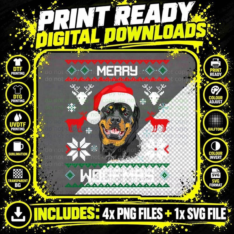 Rottweiler Merry Woofmas Santa Hat Christmas Dog Xmas Png SVG Digital Bundle
