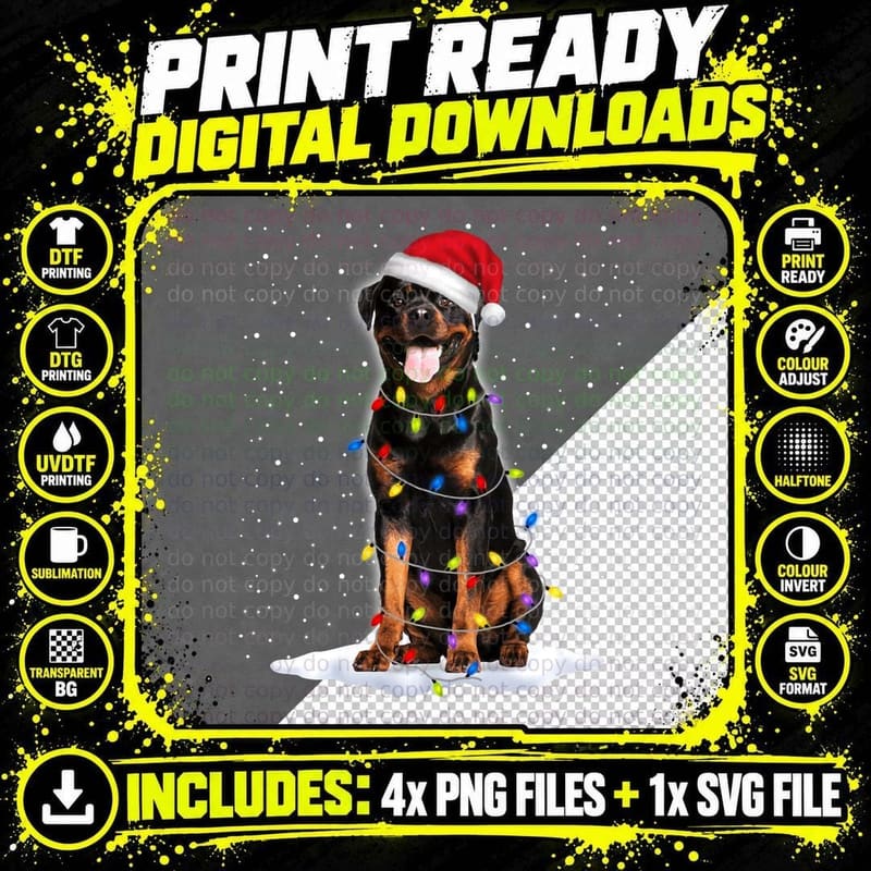 Rottweiler Santa Christmas Tree Lights Xmas T-Shirt Png SVG Digital Bundle
