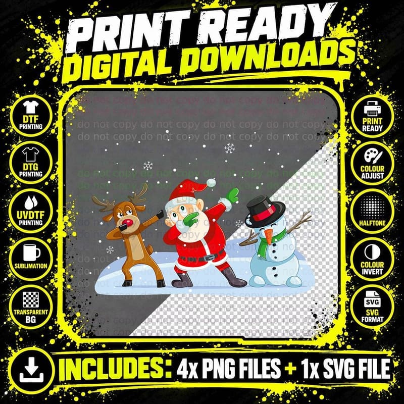 Santa Claus Reindeer Snowman Dabbing Xmas Christmas Png SVG Digital Bundle