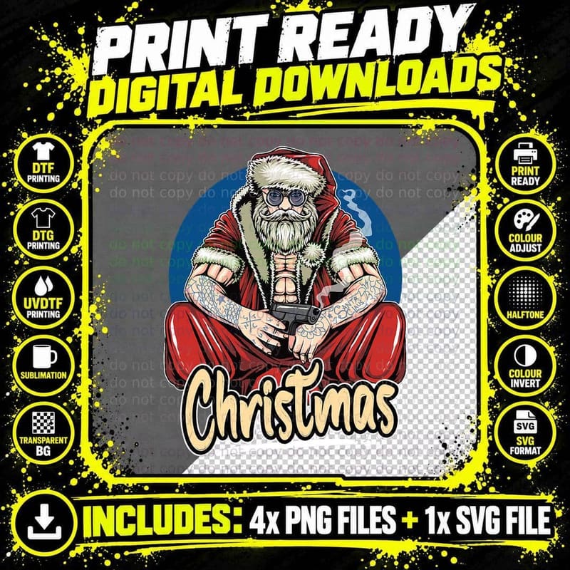 Santa Claus Tattoo Artist Tattooed Xmas Pajamas Png SVG Digital Bundle