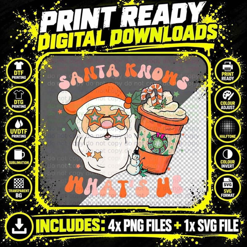 Santa Knows Retro Groovy Christmas Funny Santa T-Shirt Png SVG Digital Bundle