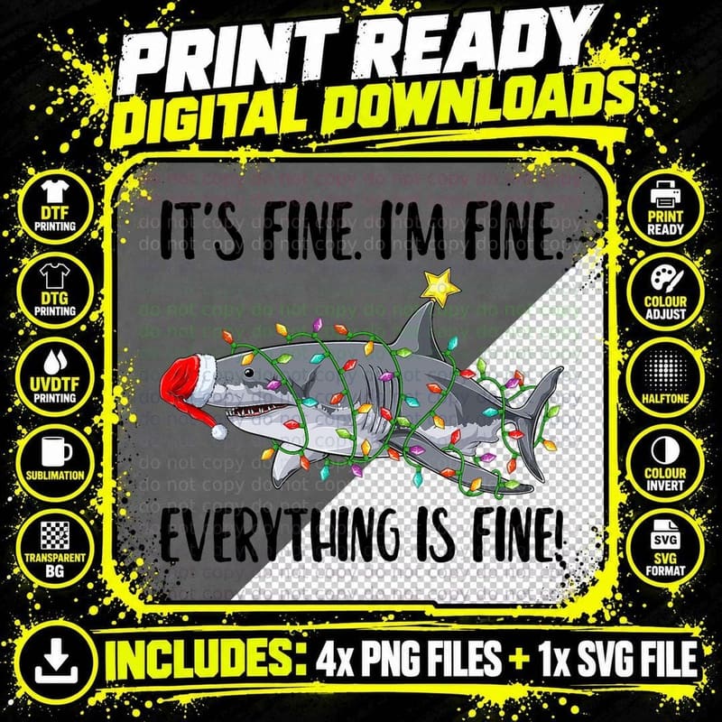 Santa Shark Christmas Lights I'm Fine Everything Is Fine Png SVG Digital Bundle
