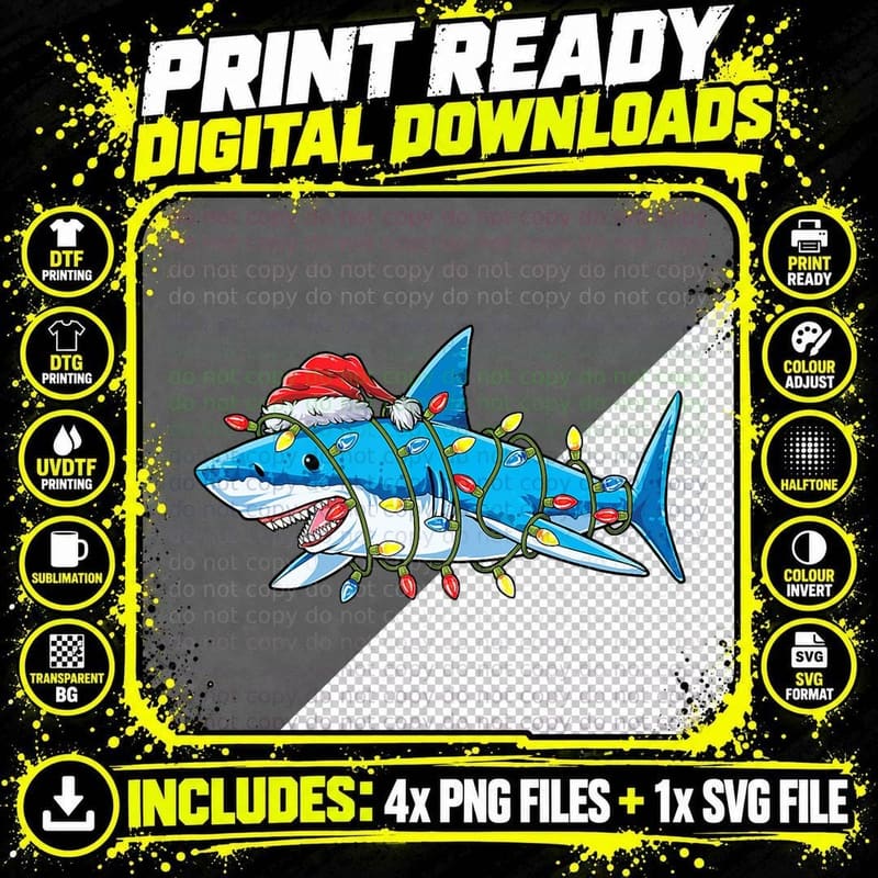Santa Shark Christmas Lights Sharkmas Tree Xmas Boys Men Png SVG Digital Bundle