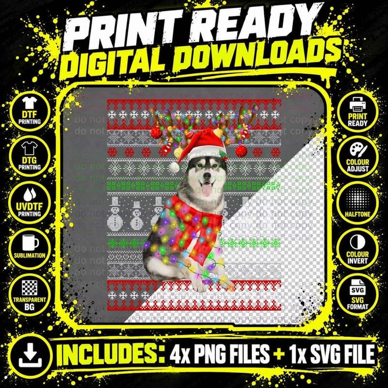 Santa Siberian Husky Dog Christmas Lights Ugly Xmas Png SVG Digital Bundle