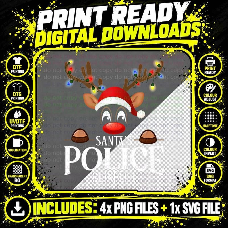 Santa's Police Reindeer Funny Xmas Matching PJS T-Shirt Png SVG Digital Bundle