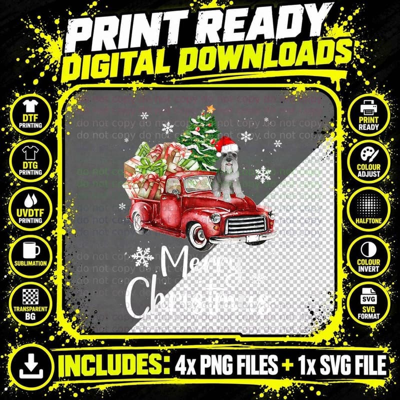 Schnauzer Riding Red Truck Xmas Merry Christmas Sweat Png SVG Digital Bundle