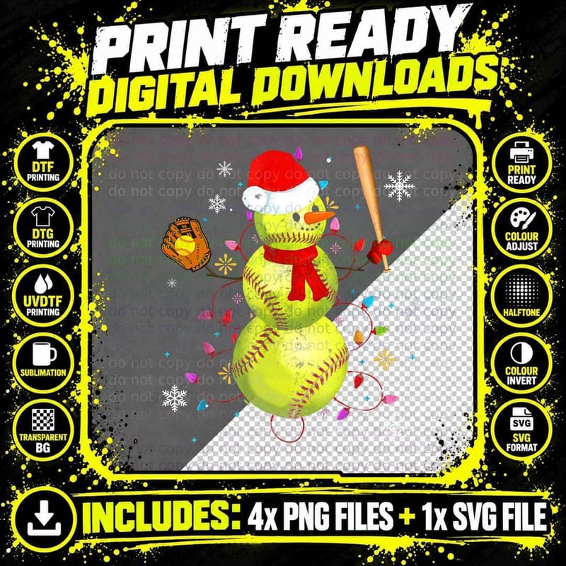Softball Christmas Funny Softball Snowman Xmas Gifts Png SVG Digital Bundle