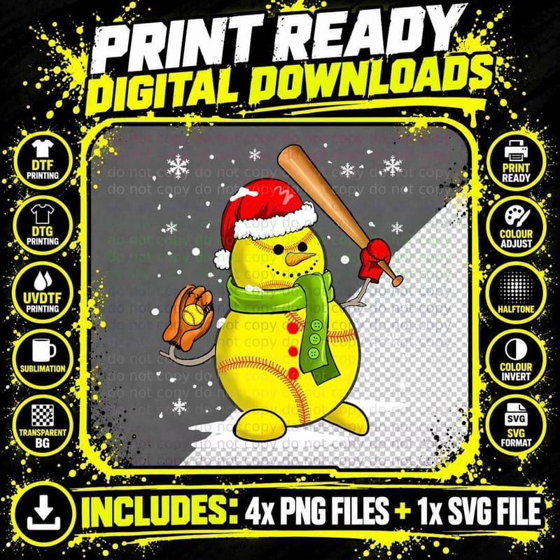 Softball Snowman Player Funny Christmas Batter Pitcher Png SVG Digital Bundle