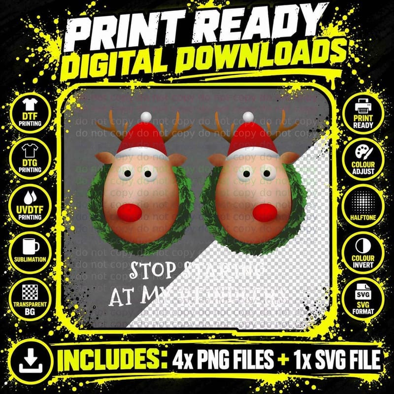 Stop Staring at My Reindeers Boobs Ugly Gag Xmas Sweater Png SVG Digital Bundle