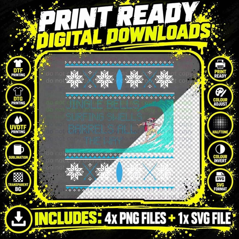 Surf Surfing Surfer Ugly Christmas Sweater Style T-Shirt Png SVG Digital Bundle