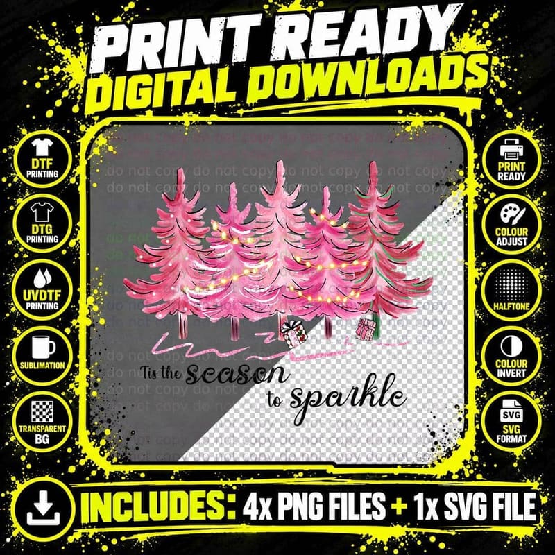 Tis the Season to Sparkle Vintage Pink Christmas Tree Png SVG Digital Bundle