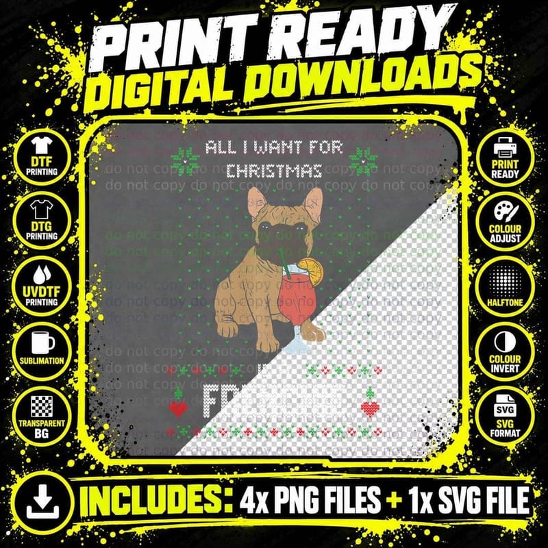 Ugly Christmas Sweater Frenchie French Bulldog Dog Png SVG Digital Bundle