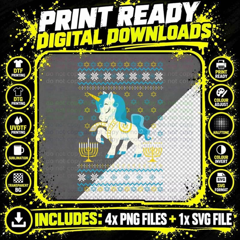 Ugly Hanukkah Sweater Unicorn Jewish Star Christmas Png SVG Digital Bundle