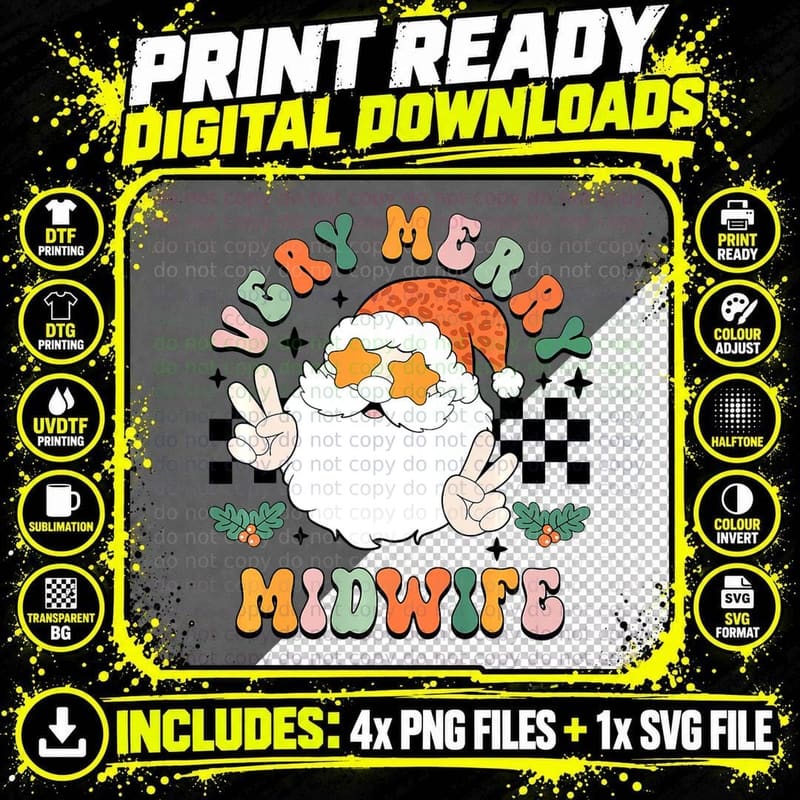Very Merry Midwife Groovy Retro Christmas Midwife Png SVG Digital Bundle