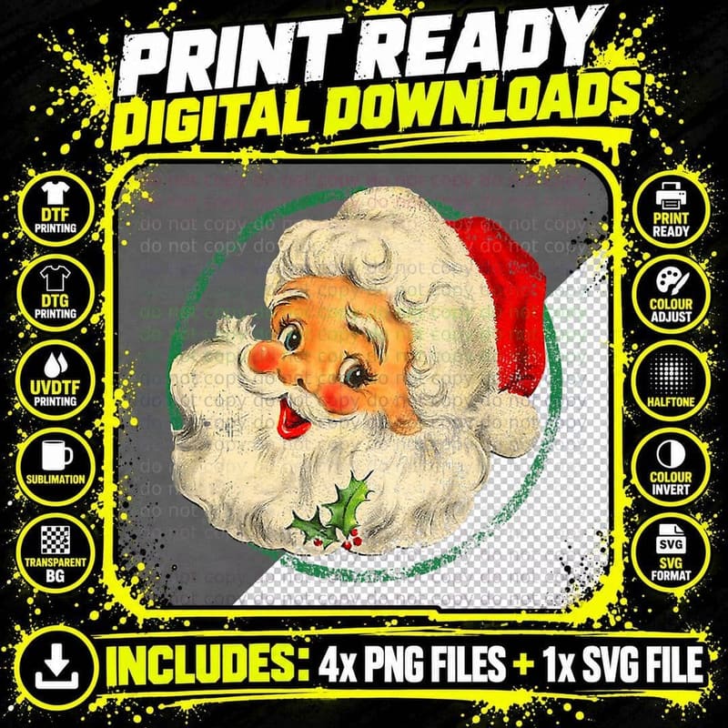 Vintage Christmas Santa Claus Face Old Fashioned T-Shirt Png SVG Digital Bundle