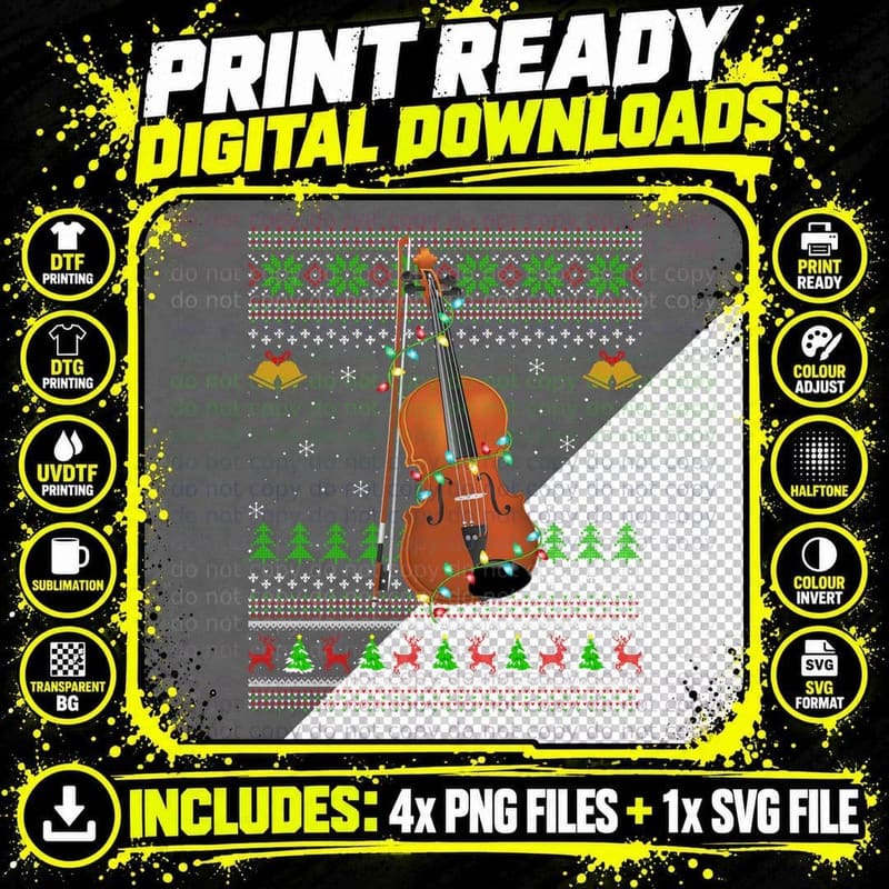 Violin Music Lover Xmas Santa Violin Ugly Christmas Png SVG Digital Bundle