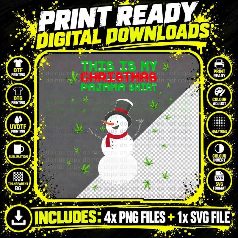Weed Christmas, Funny Pajamas Snowman Marijuana Leaf Png SVG Digital Bundle