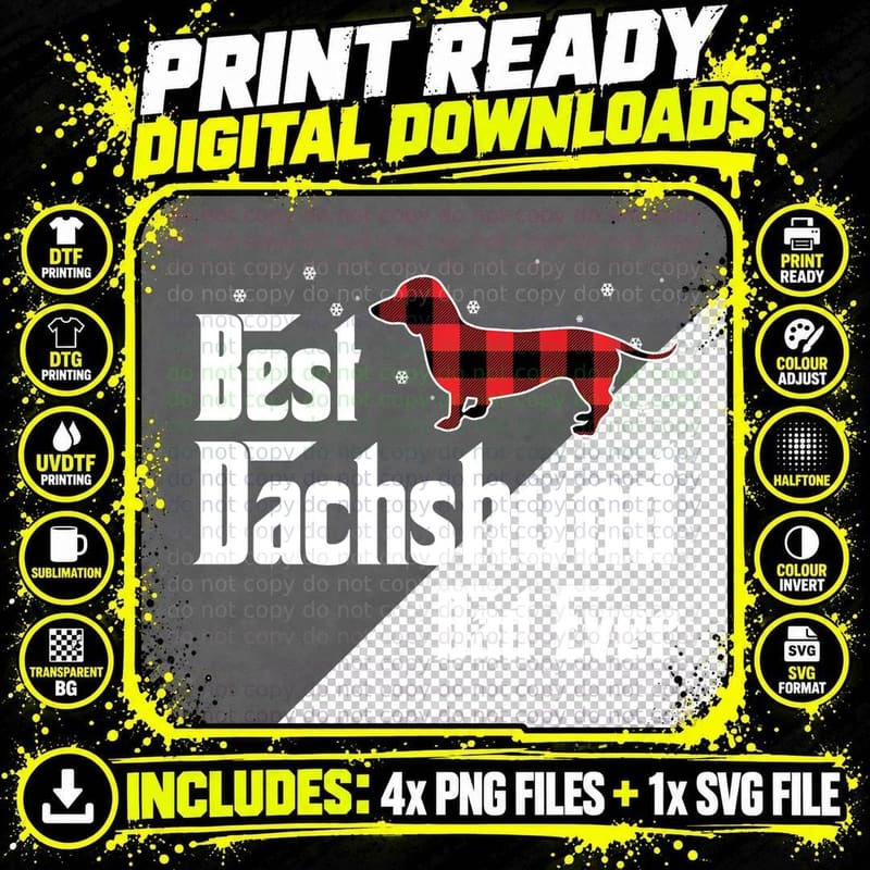 Best Dachshund Dad Ever Red Plaid Christmas for Dog Png SVG Digital Bundle