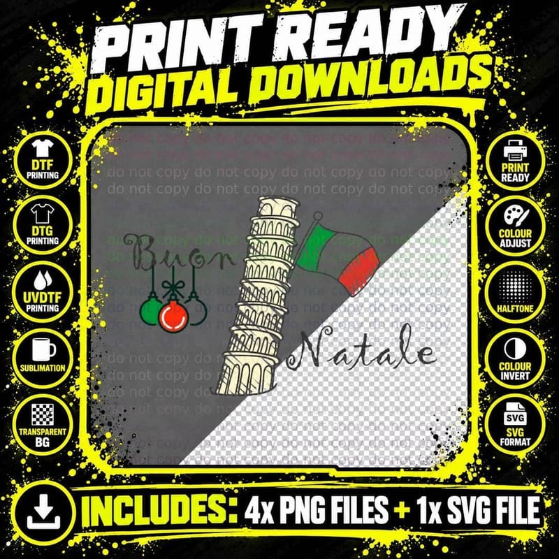 Buon Natale Christmas Italian Flag and Tower of Pisa Png SVG Digital Bundle