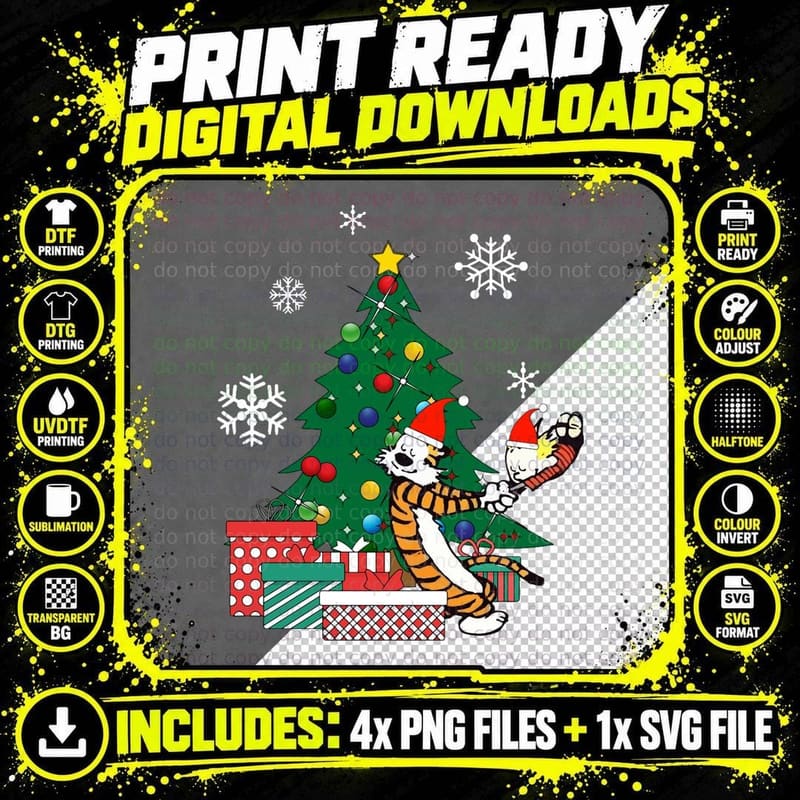 Calvin and Hobbes Around the Christmas Tree Essential Png SVG Digital Bundle