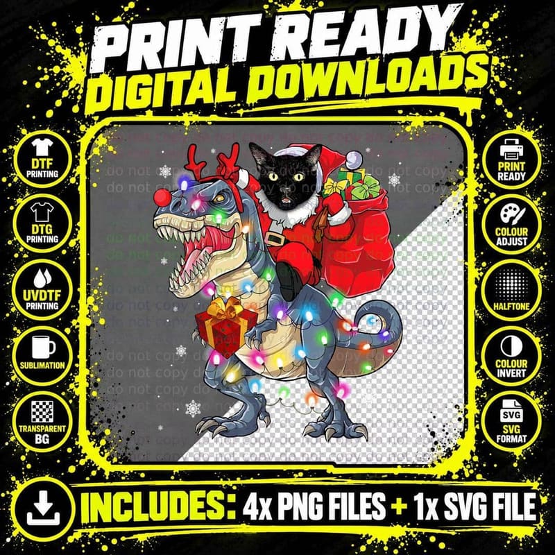 Cat Riding a Dinosaur T Rex Christmas Gifts Classic Png SVG Digital Bundle